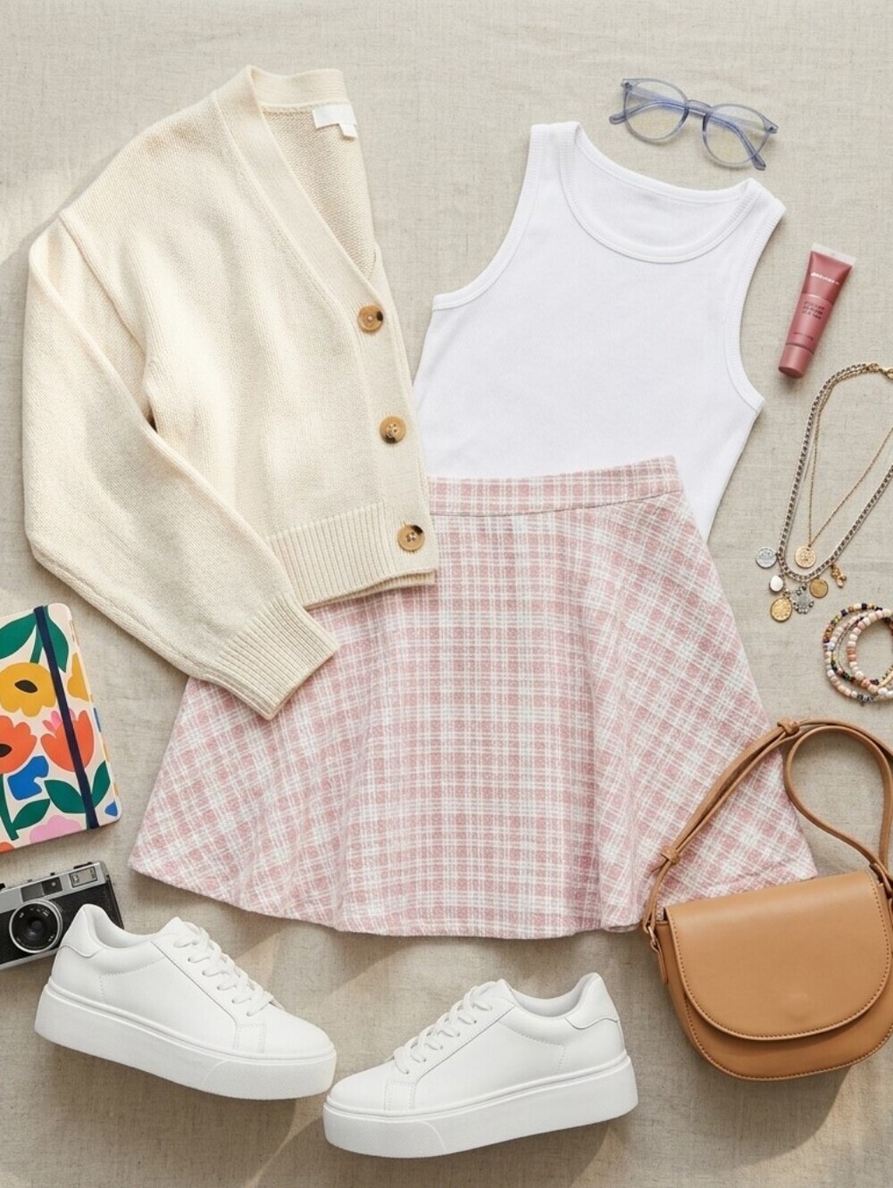 ROMWE Pink Plaid Print Flare Skirt